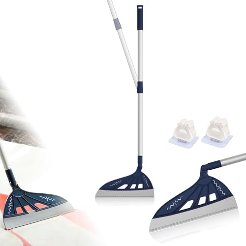 Magic Air Broom Household Silicone Broom, Multifunction Squeegee with 2 Heads - Brush and Scrape, Magic Broom Sweeper with Extra-Long Adjustable Aluminum Handle for Floor, Glass, Tile (Blue)