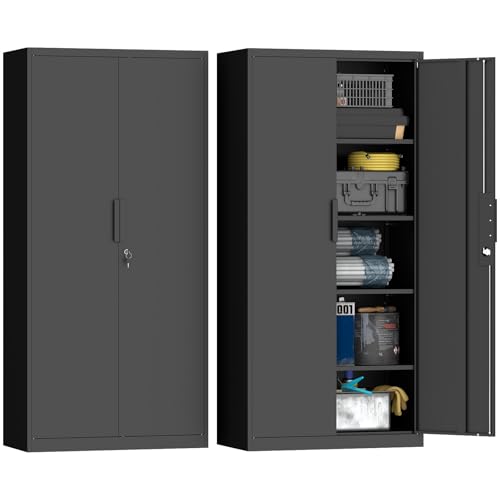 GREATMEET Metal Garage Storage Cabinets, 72" Tall Locking Cabinets with Doors and Shelves, Utility Cabinet with Lock for Garage, Home, Black - color: Black, size: 72"H x 34"W x 18"D