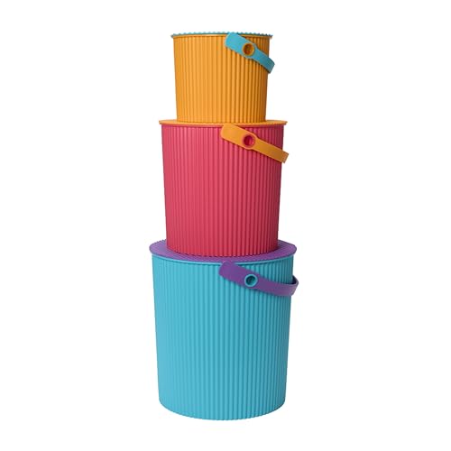 Hachiman Bucket Set of 3 - Includes Mini, Large, and Extra Large Heavy Duty Buckets with Lid and Handle - Hands-Free Filling - Easy to Stack and Store - Indoor Outdoor Use - Bright Colors - color: Bright Colors, size: Set of 3