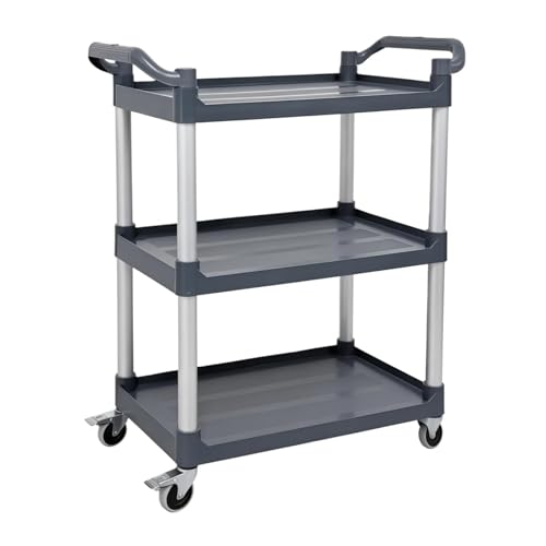 3 Tier Utility Cart with Handle 500 lbs Load Capacity Heavy Duty Serving Cart with Wheels for Kitchen Warehouse Garage Restaurant, Plastic Rolling Trolley Utility Shelf for Storage, Gray