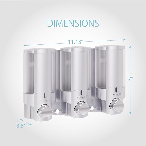 Better Living Aviva Shower Dispenser 3 Chamber, Wall Mount Shower Soap Dispenser for Bathroom Hotel Body Wash, Built-in Hooks, No Drill, Waterproof Shampoo Soap Dispenser, 3 x 11 oz, Satin Silver - color: Satin Silver, size: 3-Chamber