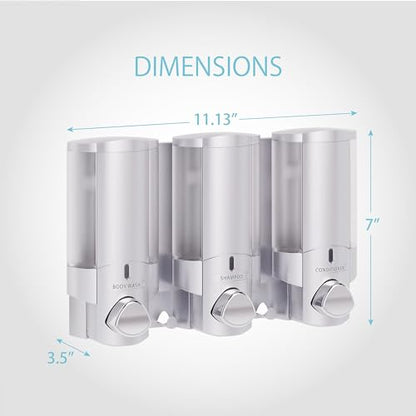 Better Living Aviva Shower Dispenser 3 Chamber,Wall Mount Shower Soap Dispenser for Bathroom Hotel Body Wash,Built-in Hooks,No Drill,Waterproof Shampoo Soap-Dispenser,3 x11 oz,Satin Silver,(Pack of 6) - color: Satin Silver, size: 3-Chamber (Pack of 6)