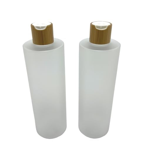 Empty Cosmetic Bottles 16oz/500ml 2 Pack with Bamboo Disc Top Flip Cap for Shampoo Lotion Liquid Soap,Cream,Refilable Plastic Squeeze Travel Size Toiletry Bottles Frost Clear - color: Frost Clear, size: 500ml (Pack of 2)