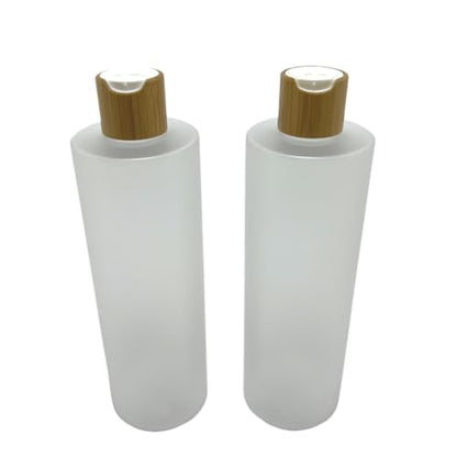 Empty Cosmetic Bottles 16oz/500ml 2 Pack with Bamboo Disc Top Flip Cap for Shampoo Lotion Liquid Soap,Cream,Refilable Plastic Squeeze Travel Size Toiletry Bottles Frost Clear - color: Frost Clear, size: 500ml (Pack of 2)