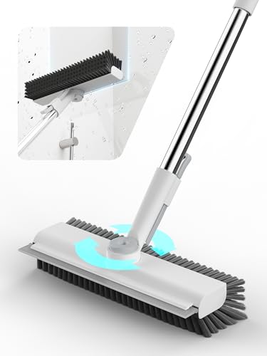 Floor Scrub Brush with Long Handle, 3 in 1 Scrape and Heavy-Duty Stiff Bristle Floor Scrubber Brush with Squeegee and Tweezer for Cleaning Tile Wall Deck Bathroom Patio Garage Kitchen (White) - color: White