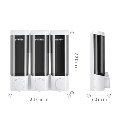 3 in 1 Wall Mounted Shower Dispenser, 3 x 10 oz Shampoo Body Wash Conditioner Pump, No Drill for Bathroom & Kitchen - color: White