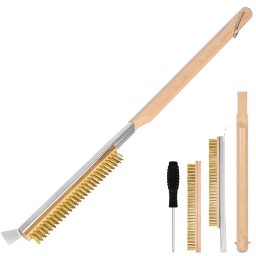 Aolso Pizza Oven Brush, 26" Brush and Stainless Steel Scraper for Pizza Stone, BBQ Grill Cleaning Brush Non Scratch Heat Proof Brass Bristles with Screwdriver, Outdoor Pizza Oven Accessories - size: 26" Brass Bristles