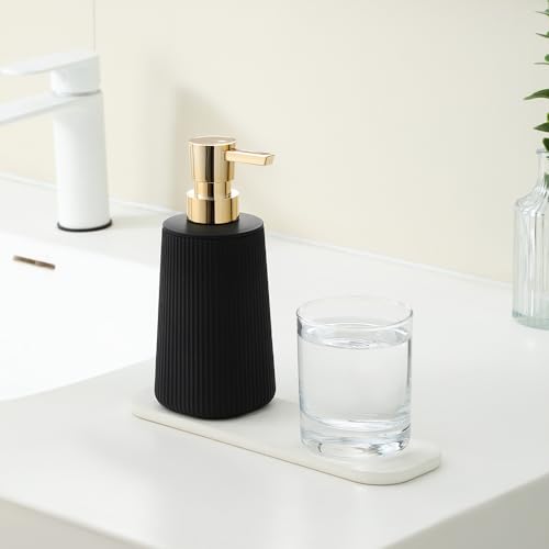Small Soap Dispenser for Bathroom and Kitchen, Modern Farmhouse Striped Style Plastic Hand Soap Dish Soap Dispenser with Pump Matte Black and Gold - color: Black and Gold