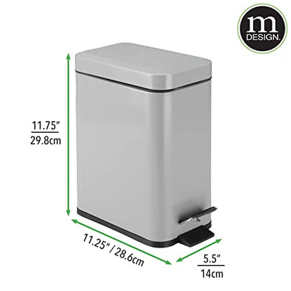 mDesign Small Modern 1.3 Gallon Rectangle Metal Lidded Step Trash Can, Compact Garbage Bin with Removable Liner Bucket and Handle for Bathroom, Kitchen, Craft Room, Office, Garage - Gray - color: Gray, size: 1.3 Gallon