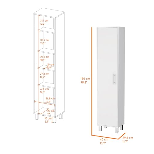 Tall Storage Cabinet, Slim Broom Closet with Single Door, 5-Tier Cabinet, 3 Broom Hangers, Modern White, Melamine Finish - color: White
