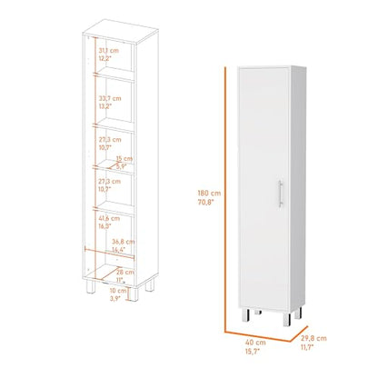 Tall Storage Cabinet, Slim Broom Closet with Single Door, 5-Tier Cabinet, 3 Broom Hangers, Modern White, Melamine Finish - color: White