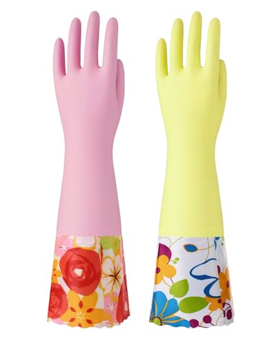 Bamllum 2 Pairs Rubber Cleaning Gloves, Household Kitchen Dishwashing Gloves with Cotton Flocked Liner, Long Cuff 16 Inches (Yellow+Pink, Large) - color: Yellow+pink, size: Large