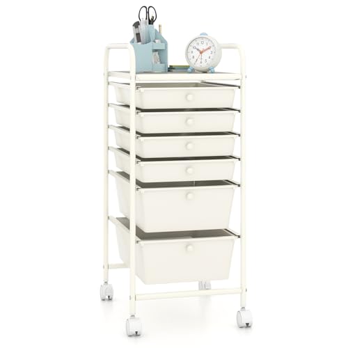 Giantex 6 Storage Drawer Cart Rolling Organizer Cart for Tools Scrapbook Paper Home Office School Multipurpose Mobile Utility Cart (Ivory) - color: Ivory, size: 6 Drawer-13.5"x17"x30"
