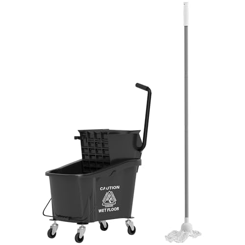 38 Quart Mop Bucket with Down Press Wringer on Wheels, Rolling Floor Cleaning Bucket with Handle, Commercial Cleaning System (Yellow) (Black) - color: Black