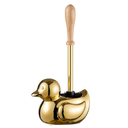 Gold Toilet Brush and Holder Set - Wooden & Stainless SteelHandle Gold Toilet Bowl Brush and Holder with Replaceable Head- Dense Bristles for Thorough Cleaning,Duck Design for Bath Decor Storage