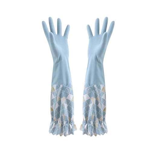 RARITYUS Household Kitchen Cleaning Gloves Waterproof Cotton Lined Dishwashing Non-Slip Long Cuff Gloves - color: Blue (Length 19.29'')