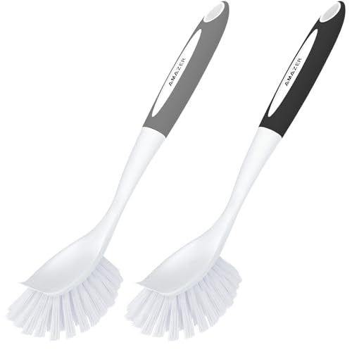 Amazer Dish Brush, 2 Pack Dish Scrubber with Handle, Kitchen Dishes Brushes, Scrub Brush with Stiff Bristles for Cleaning, Sink, Pots, Pans - color: Gray+black, size: 2 Pack