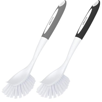 Amazer Dish Brush, 2 Pack Dish Scrubber with Handle, Kitchen Dishes Brushes, Scrub Brush with Stiff Bristles for Cleaning, Sink, Pots, Pans - color: Gray+black, size: 2 Pack