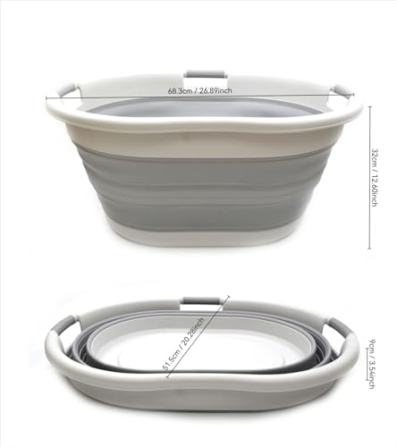 SAMMART 57L (15 Gallons) Collapsible 3-Handled Plastic Laundry Basket - Oval Tub - Portable Washing Tub-Space Saving Laundry Hamper, Water Capacity 44L / 11.6 Gallon (1, Grey) - color: Grey
