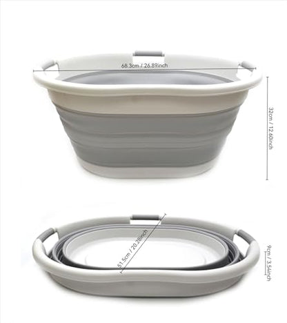 SAMMART 57L (15 Gallons) Collapsible 3-Handled Plastic Laundry Basket - Oval Tub - Portable Washing Tub-Space Saving Laundry Hamper, Water Capacity 44L / 11.6 Gallon (1, Grey) - color: Grey