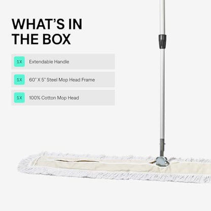 Commercial Dust Mop – 60 Inch Floor Sweeper for Hardwood, Reusable Cotton Mop Head, Extendable Handle, Dry Mop for Floor Cleaning & Janitorial Supplies - size: 60x5 Inch (Pack of 1)