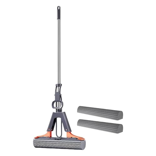Squeeze Mop – Effective Floor Mop, Easy Squeeze Cleaning Tool | PVA Sponge Mop with Extendable Handle, 2 Refill Sponge Heads Included, Absorbent Roller Mop for Kitchen, Bathroom, and Balcony - size: 33.8cm