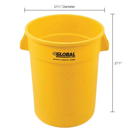 Global Industrial Commercial Round Trash Can, 32 Gallon Capacity, Plastic Garbage Can, Indoor and Outdoor Utility Trash Can, Yellow, 21-3/4"W x 27-1/2"H, No Lid - color: Yellow