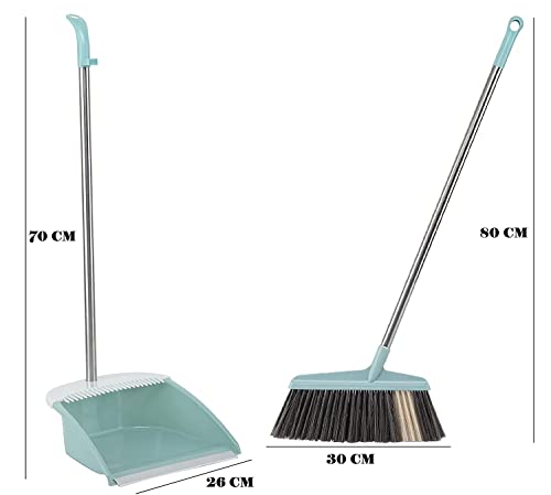 Broom and Dustpan Set for Home,Long Handle Broom with Upright Standing Dustpan,Broom and Dustpan Combo for Office Home Kitchen Lobby Floor Cleaning