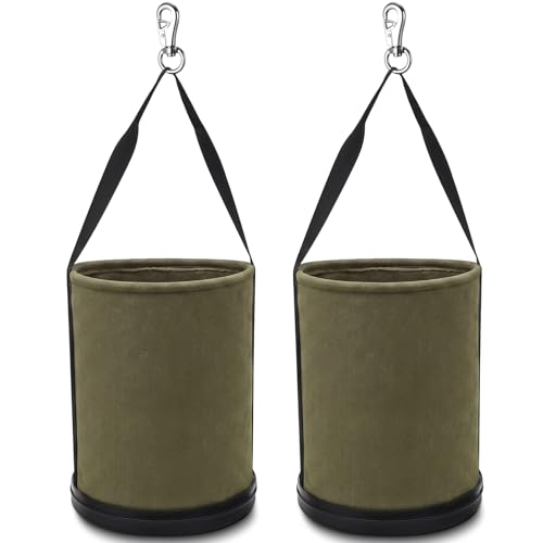 2 Pack Canvas Bucket 15" x 12" Heavy Duty Lineman Tool Bag with Plastic Bottom & Metal Hook Electrician Tool Organizer for Jobsite Use, Load Rated up to 150 Pounds (Army Green) - color: Army Green