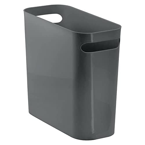 mDesign Plastic Small Trash Can, 1.5 Gallon/5.7-Liter Wastebasket, Narrow Garbage Bin with Handles for Bathroom, Laundry, Home Office - Holds Waste, Recycling, 10" High, Aura Collection, Charcoal Gray - color: Charcoal