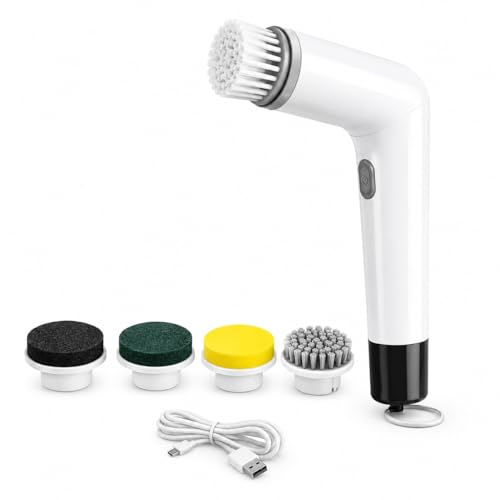 Electric Spin Scrubber Cordless Cleaning Brush, USB Rechargeable Power Scrubber for Bathroom, Kitchen, Tile, Grout, Sink & Shower Cleaning, 4 Replaceable Brush Heads, Portable Handheld Cleaning Tool