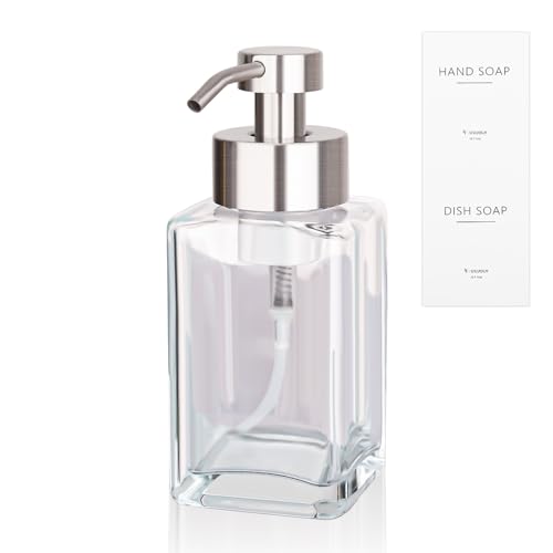 Foaming Soap Dispenser with Stainless Steel Pump, 12oz Refillable Glass Liquid Dish Soap Bottles for Bathroom, Kitchen Sink, Home Decor - color: A-clear, size: 1 Pack