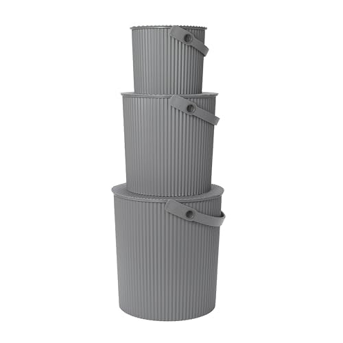 Hachiman Bucket Set of 3 - Includes Mini, Large, and Extra Large Heavy Duty Buckets with Lid and Handle - Hands-Free Filling - Easy to Stack and Store - Indoor Outdoor Use - New Grey - color: New Grey, size: Set of 3