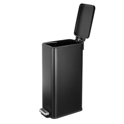 mDesign Slim Metal Rectangle 7.9 Gallon Trash Can with Step Pedal, Easy-Close Lid, Removable Liner - Narrow Wastebasket Garbage Container Bin for Bathroom, Bedroom, Kitchen, Office - Black - color: Black, size: 7.9 Gallon