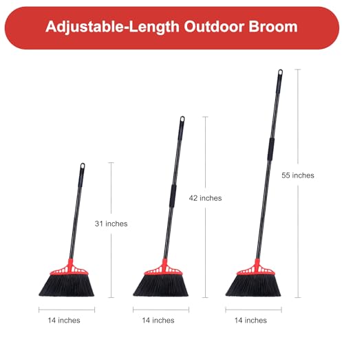 Tiumso Heavy Duty Angle Broom - 55" Adjustable Iron Handle with Stiff Bristles - Commercial-Grade Indoor/Outdoor Broom for Garage, Patio, Kitchen, Sidewalk & Concrete Cleaning (Black & Red) - color: Black and Red