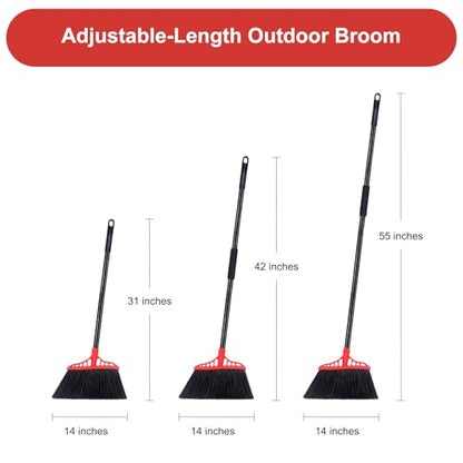 Tiumso Heavy Duty Angle Broom - 55" Adjustable Iron Handle with Stiff Bristles - Commercial-Grade Indoor/Outdoor Broom for Garage, Patio, Kitchen, Sidewalk & Concrete Cleaning (Black & Red) - color: Black and Red