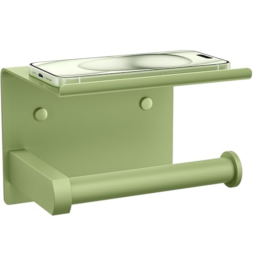 Tindbea Toilet Paper Holder with Shelf Adhesive or Screw Wall Mounted Toilet Paper Roll Dispenser Storage, Stainless Steel Bathroom Shelf Holder Accessories (Soft Sage Green) - color: L-soft Sage Green
