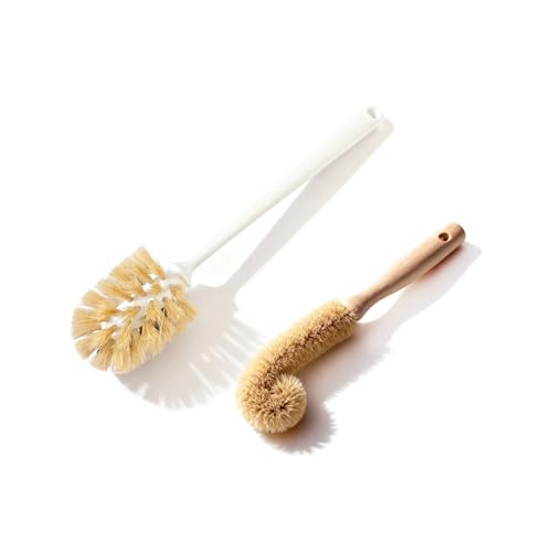 2-Piece Kitchen Brush Set - Includes 1 Plastic Handle Ponytail Cup Brush & 1 Wooden Handle Coconut Scrubber - Cleaning Kit for Bottles & Pots - size: 2 Piece Set - Cup Brush + Scrubber