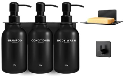 Shampoo and Conditioner Dispenser - Wall Mount Soap Dispenser with Soap Dish & Towel Hook, No Drill Adhesive Bathroom Organizer, Refillable Bottles with Stainless Steel Pump for Home Hotel Spa - Black - color: Black