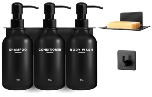 Shampoo and Conditioner Dispenser - Wall Mount Soap Dispenser with Soap Dish & Towel Hook, No Drill Adhesive Bathroom Organizer, Refillable Bottles with Stainless Steel Pump for Home Hotel Spa - Black - color: Black