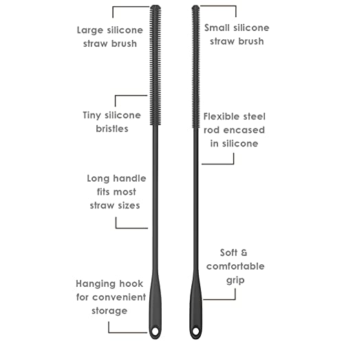 Silicone Straw Brush 4 Pack - (2 Small, 2 Wide) - 10 Inch Reusable Straw Cleaner, Pipe Cleaner, Glass and Detailing Tool (Charcoal) - color: Charcoal