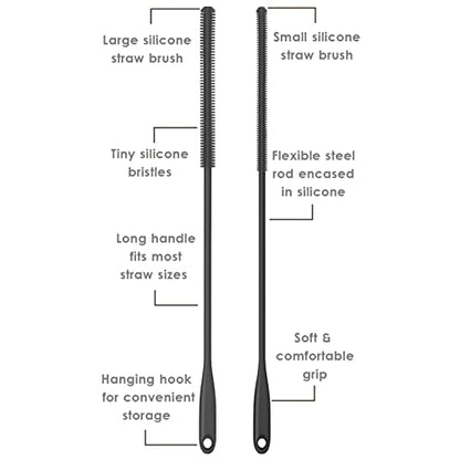 Silicone Straw Brush 4 Pack - (2 Small, 2 Wide) - 10 Inch Reusable Straw Cleaner, Pipe Cleaner, Glass and Detailing Tool (Charcoal) - color: Charcoal