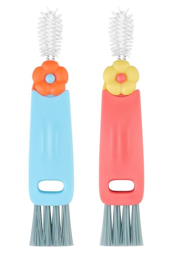 Generic 3 in 1 Cup Lid Cleaning Brush, Multi-Functional, Portable, Blue+pink, Plastic, Nylon Bristles, 2 Pack - color: Blue+pink