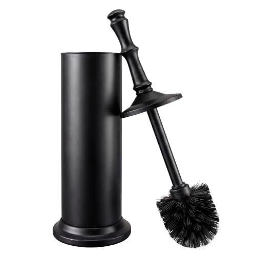 ROLABAM Toilet Cleaner Brush Set, Heavy Duty Anti-Tip Metal Base, Rustproof Freestanding Toilet Bowl Brush with Long Handle & Splash Guard, Modern Bathroom Cleaning Accessories - color: Black-2