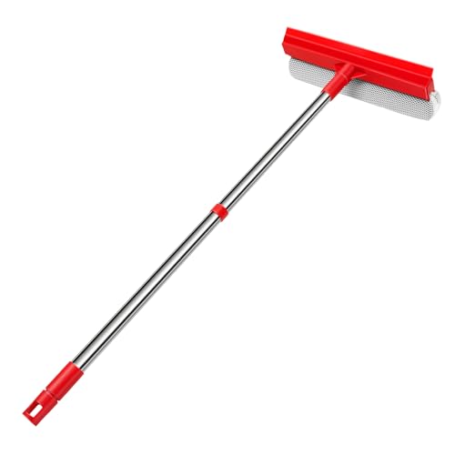 Window Squeegee with 18.5"-28.5" Retractable Handle, 2-in-1 Squeegee for Window Cleaning Tool for Cars, Trucks, Glass Doors, Shower, Outdoor Windows – Window Cleaner (Red)