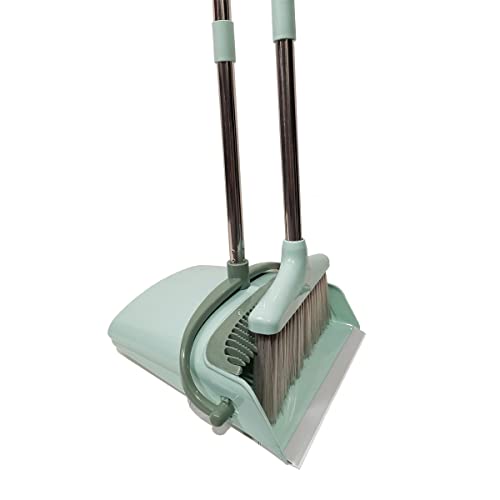 Extendable Long Handle Broom and Dustpan Set, Stainless Lightweight Upright Standing Broom and Dustpan Combo for Kitchen Lobby Office Living Room Household Indoor or Outside (Nordic Green) - color: Nordic Green