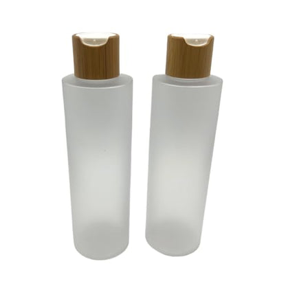 Empty Cosmetic Bottles 8oz/250ml 2 Pack with Bamboo Disc Top Flip Cap for Shampoo Lotion Liquid Soap,Cream,Refilable Plastic Squeeze Travel Size Toiletry Bottles Frost Clear - color: Frost Clear, size: 250ml/8oz 2Pack