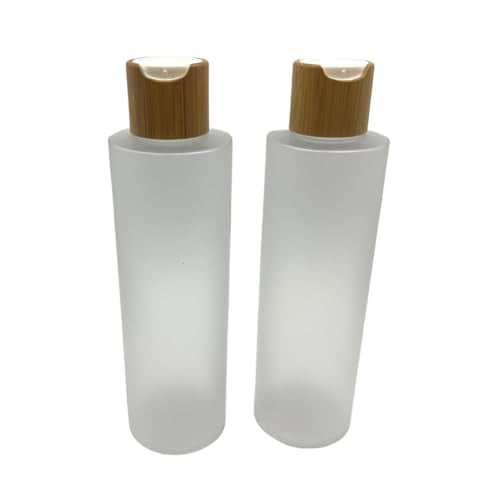 Empty Cosmetic Bottles 8oz/250ml 2 Pack with Bamboo Disc Top Flip Cap for Shampoo Lotion Liquid Soap,Cream,Refilable Plastic Squeeze Travel Size Toiletry Bottles Frost Clear - color: Frost Clear, size: 250ml/8oz 2Pack