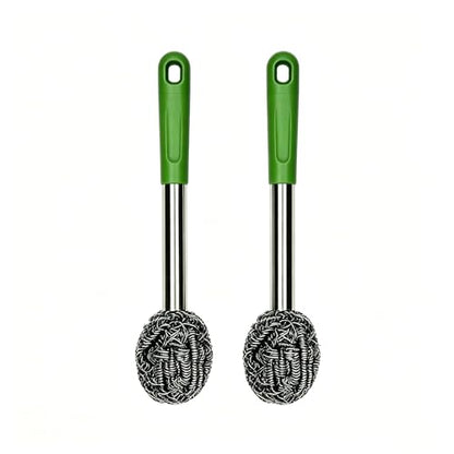 2PCS Steel Wool Scrubber with Handle Rustproof, Cast Iron Scrubber, Stubborn Messes Pot Brush, Remove Dirt for Cleaning Stoves,Sinks Dishes Grills Bowls & Metal Wire Sponge for Kitchens - color: Green