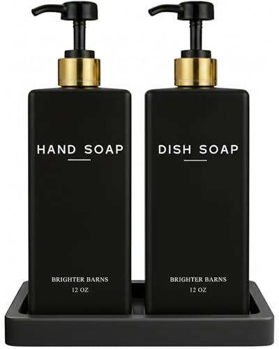 Black Glass Hand and Dish Soap Dispenser Set by Brighter Barns - Kitchen Soap Dispenser Set with Tray - Minimalist Home Decor for Modern Kitchen, Neutral Home, Airbnb, Vacation Rental, Gifts (Black) - color: Black